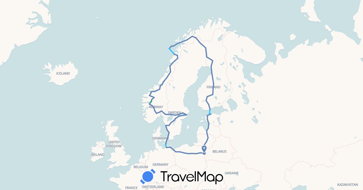 TravelMap itinerary: driving, bus, cycling, boat in Germany, Denmark, Estonia, Finland, Lithuania, Latvia, Norway, Poland, Sweden (Europe)