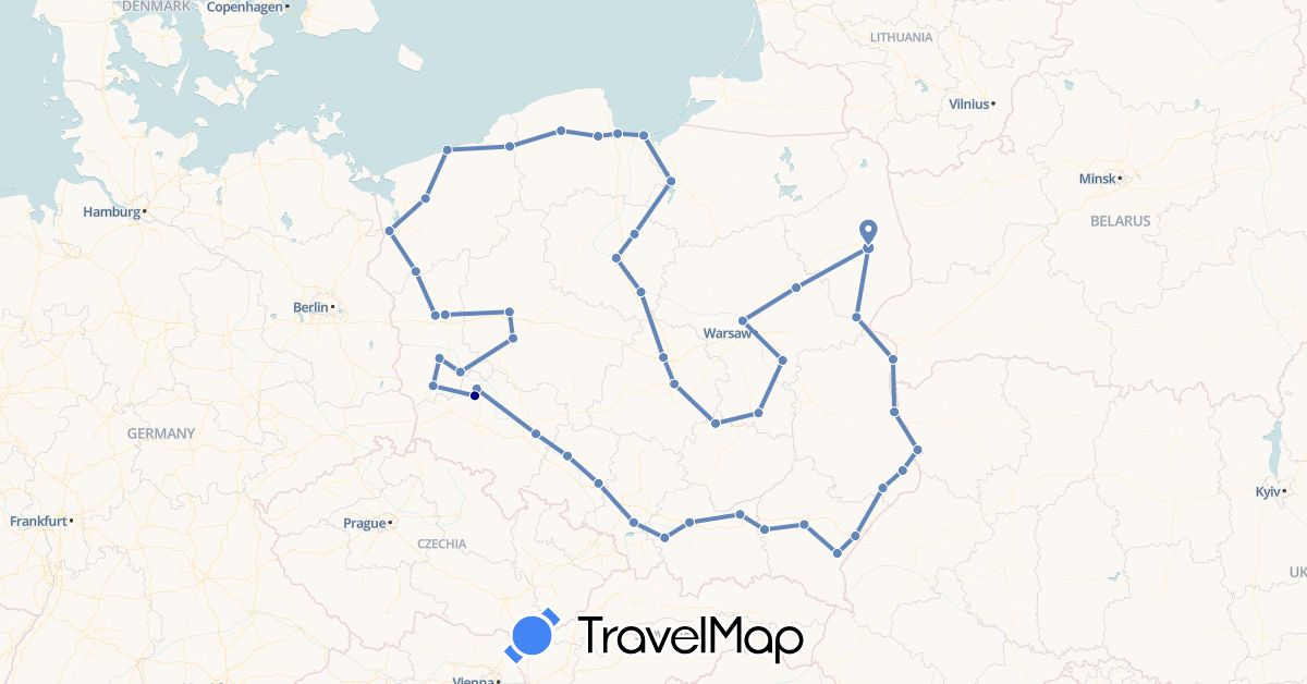 TravelMap itinerary: driving, cycling in Poland (Europe)