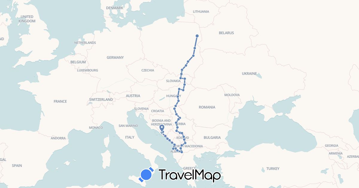 TravelMap itinerary: driving, cycling in Albania, Bosnia and Herzegovina, Hungary, Montenegro, Macedonia, Poland, Serbia, Slovakia, Kosovo (Europe)