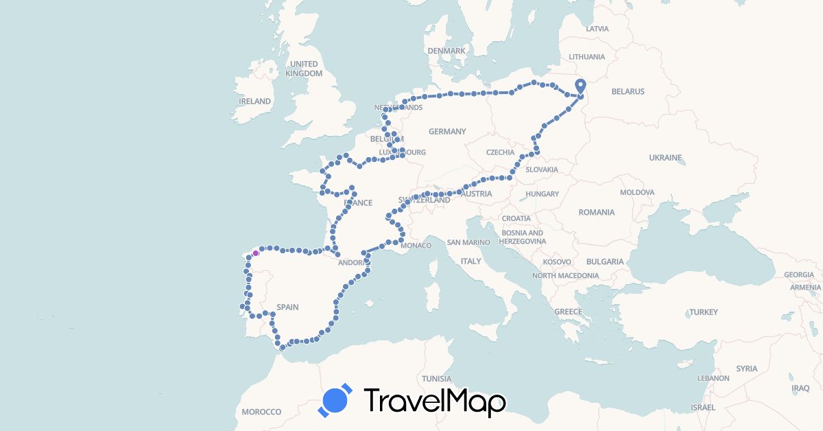 TravelMap itinerary: driving, cycling, train in Austria, Belgium, Switzerland, Czech Republic, Germany, Spain, France, Luxembourg, Netherlands, Poland, Portugal (Europe)