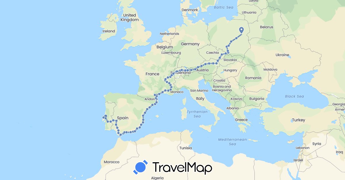 TravelMap itinerary: driving, cycling in Austria, Switzerland, Czech Republic, Spain, France, Poland, Portugal (Europe)